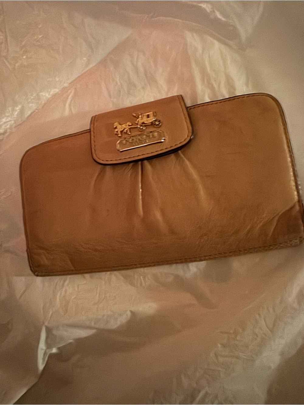 Coach Tan Leather Zip Wallet with Gold Horse-and-Carriage Emblem